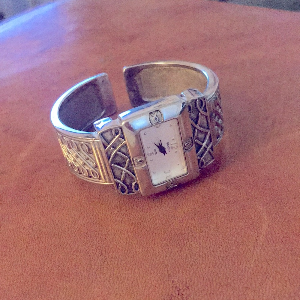 VINTAGE Geneva Elite Stainless Steel Cuff Watch Breast Cancer Series